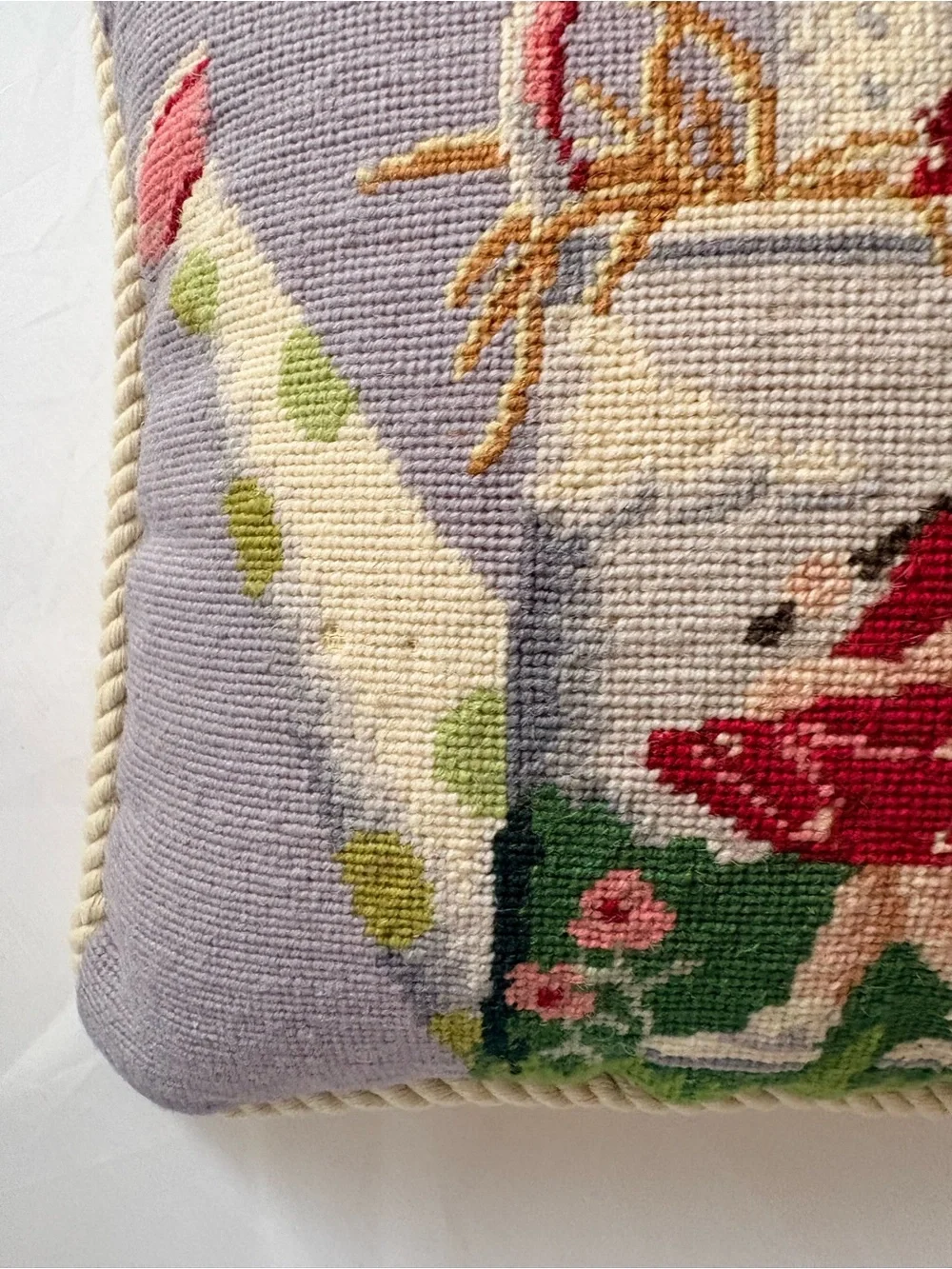 Handmade Lavender Needlepoint Pillow with Girl in Red Dress & a Bird Motif